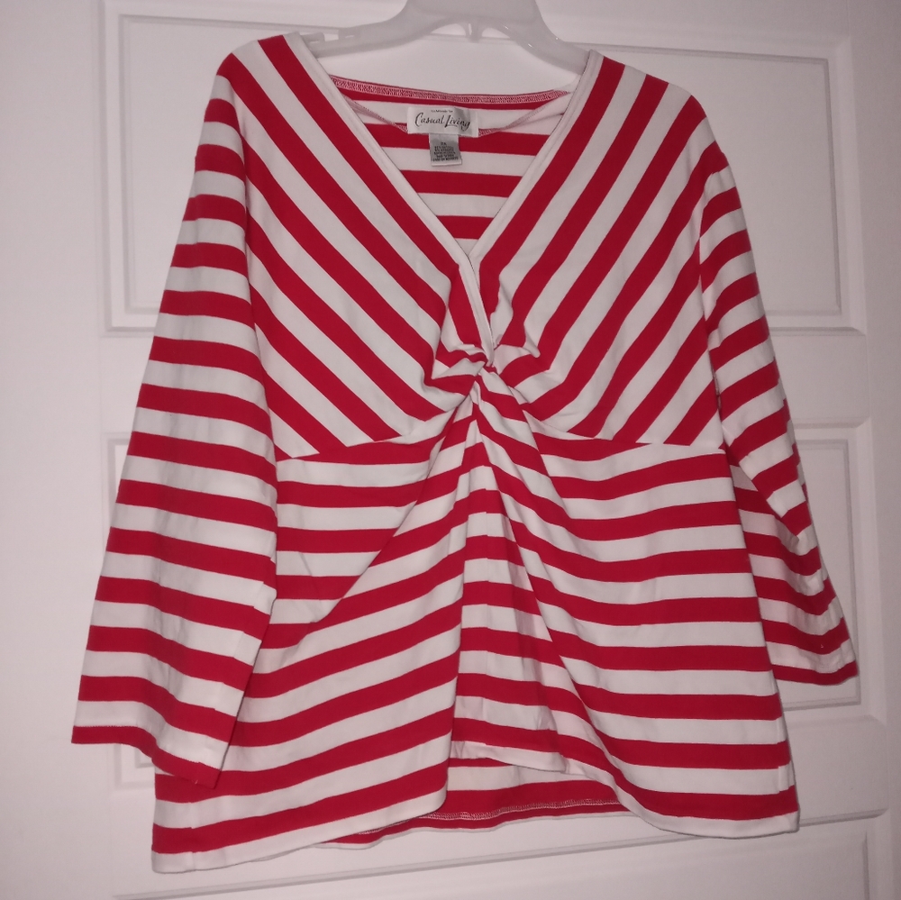 Vintage red and white striped long sleeve cotton blouse plus size 2X